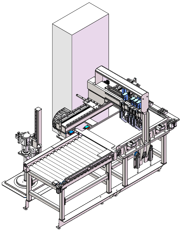 Automatisiertes industrielles Roboterarmsystem für Verpackungszwecke mit Förderbändern.