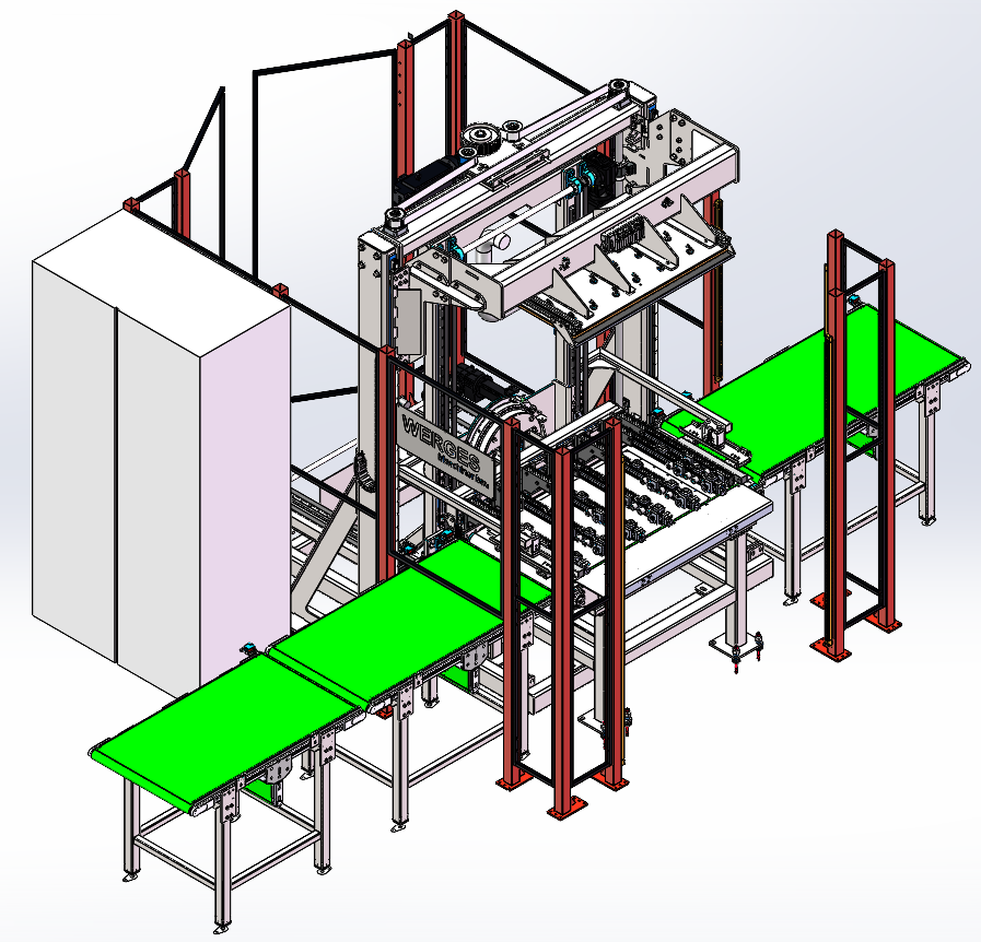 Industrieautomatisierte Maschine mit Förderbändern, grünen Oberflächen und einer weißen Umhüllung.