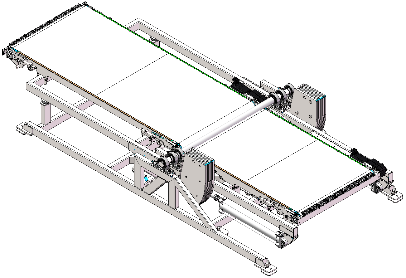 Isometrische Ansicht eines weißen industriellen Förderbandsystems mit Stützrahmen.