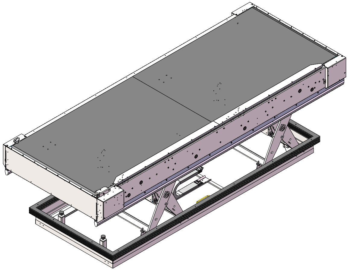Isometrische Ansicht einer rechteckigen, grauen Plattform, die von einer Scherenhebebühne innerhalb eines schwarz umrahmten Sockels angehoben wird.