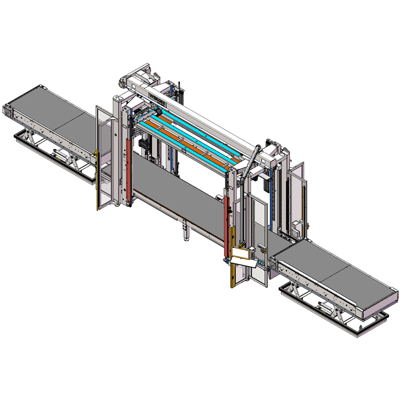 Industriemaschine mit Förderbändern, Rollen und Rahmen.