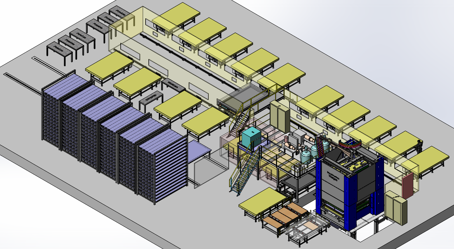 Isometrische Ansicht einer Industrieanlage mit Maschinen, Tischen und Lagereinheiten auf einem Betonboden.