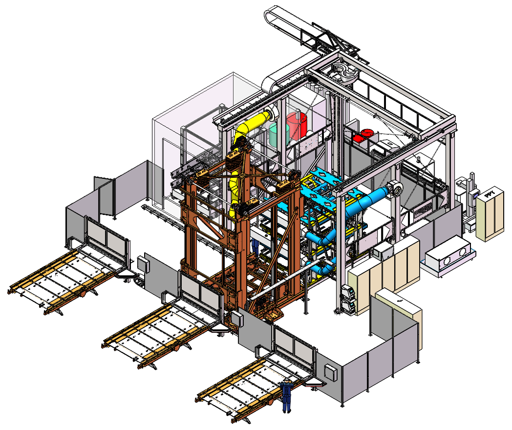 Industriemaschine mit Roboterarm und Förderbändern, dargestellt in einer 3D-technischen Zeichnung.