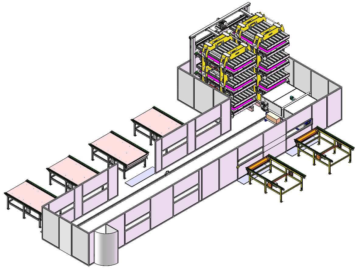 Industrielles automatisiertes Fertigungssystem mit Förderbändern, Tischen und Lagerregalen in einer Fabrikumgebung.