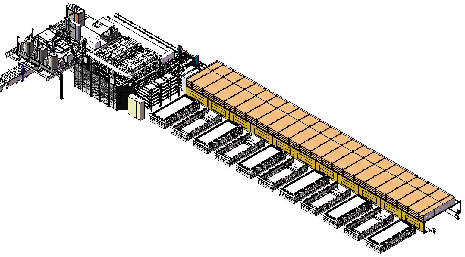 Industrielle Montagelinie mit beigen und weißen Bauteilen, mehreren Tischen und Kisten.