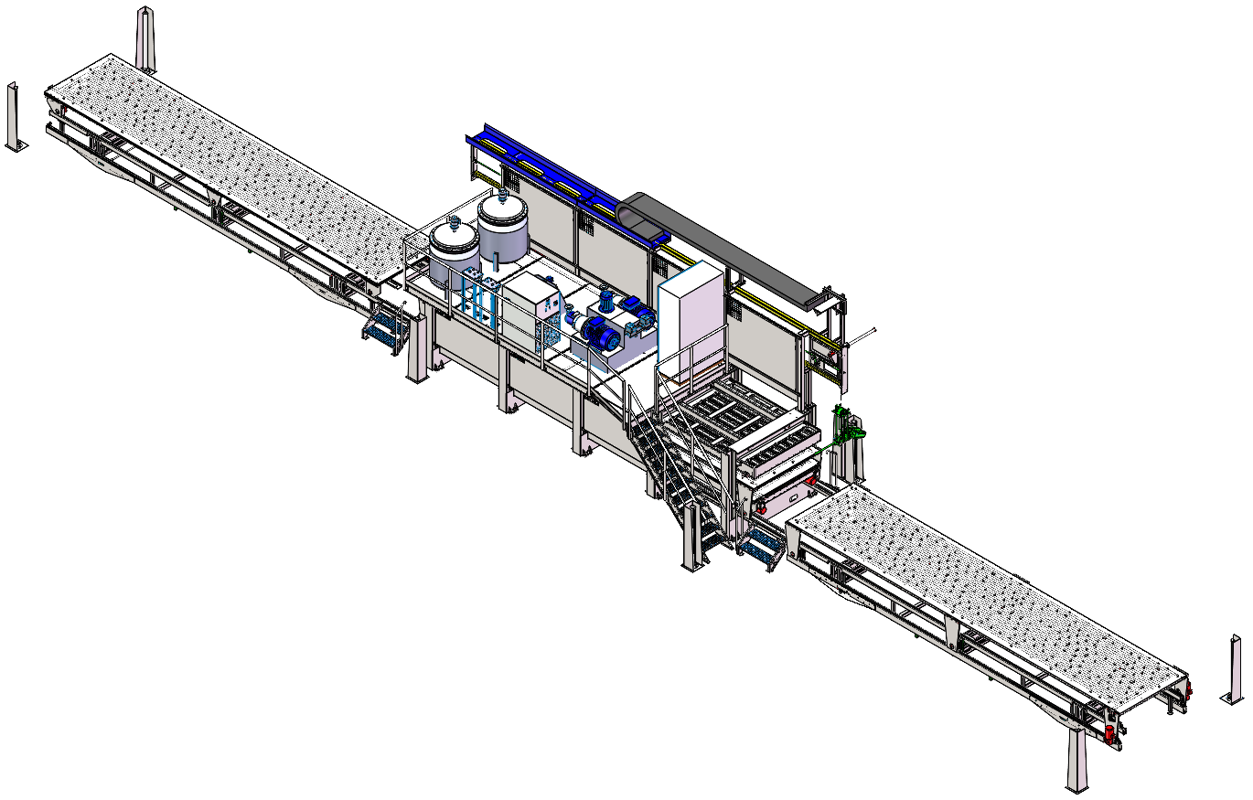 Industrielle Montagelinie, isometrische Ansicht. Förderbänder transportieren Bauteile durch automatisierte Bearbeitungs- und Prüfstationen.