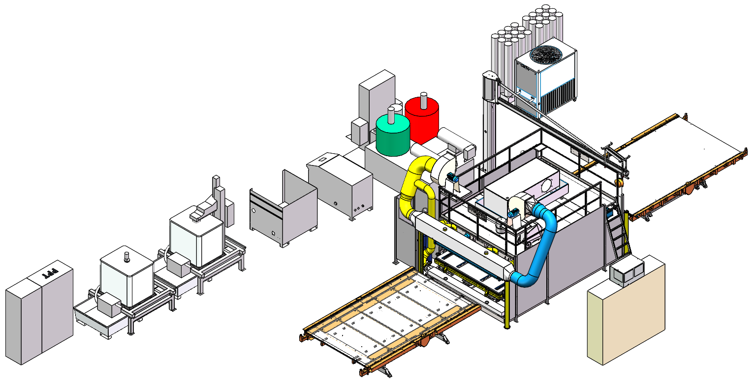 Montagelinie mit Behältern, Tanks und einem Roboterarm in einer industriellen Umgebung.