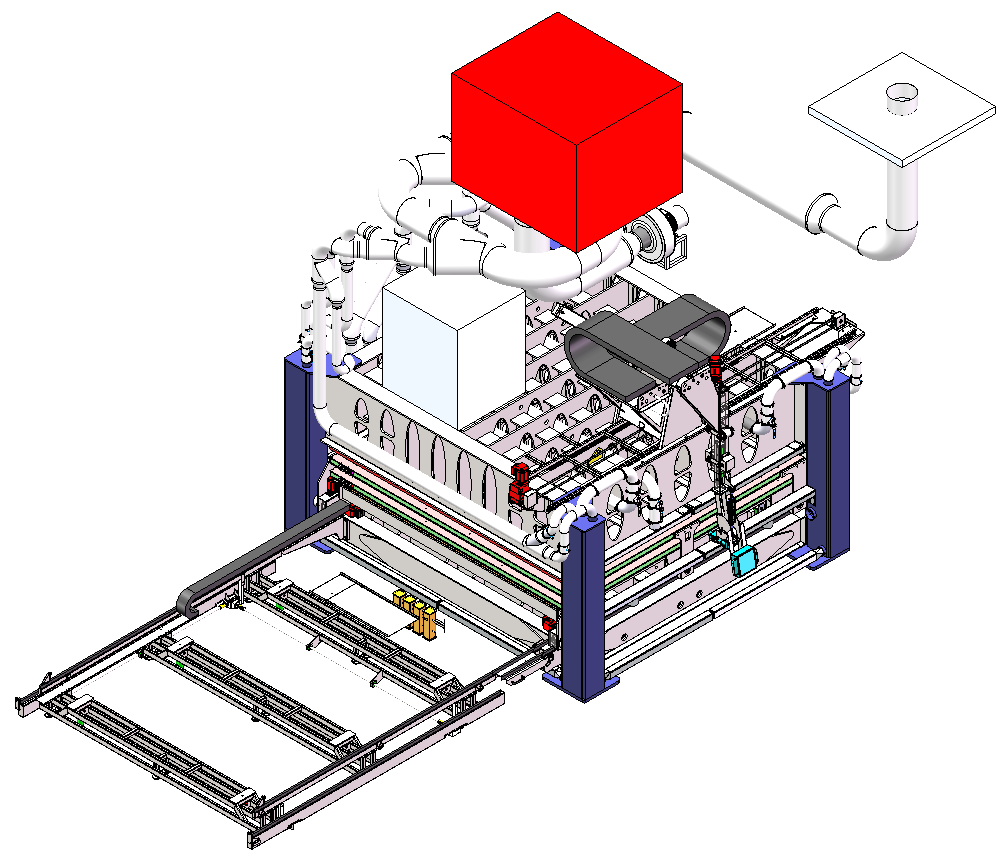 Isometrische Ansicht einer komplexen Maschine mit einem roten Kasten obenauf, angeschlossenen Rohren und einer ausfahrbaren Plattform.