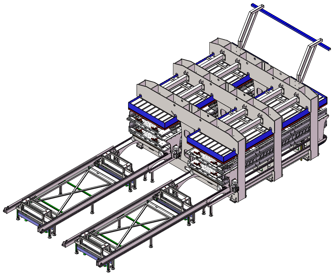 Industriemaschine mit Förderbändern, Metallrahmen und blauen Akzenten.