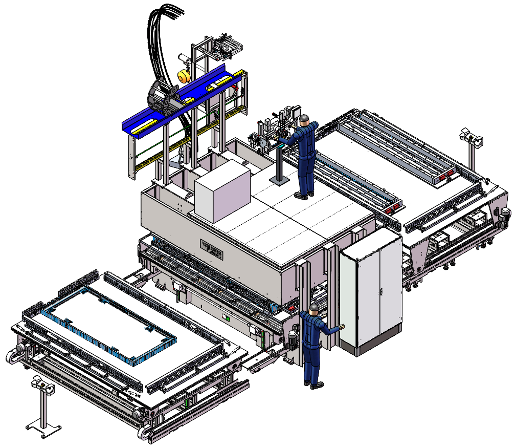Automatisierte Industriemaschine mit zwei Arbeitern; Farben: blau, grau und weiß; Vorbereitung einer großen Platte.