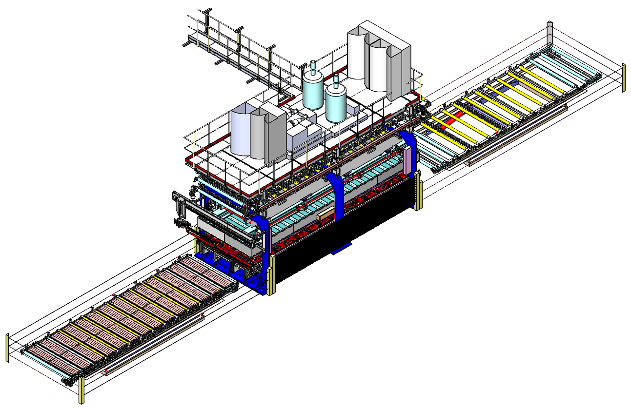 Isometrische Ansicht einer komplexen Industriemaschine mit zwei Förderbandverlängerungen.