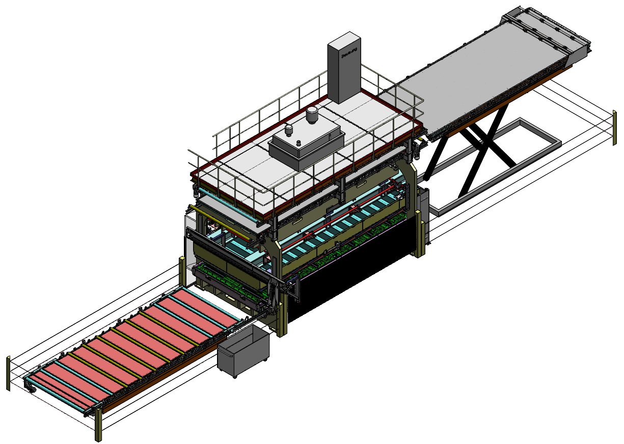 Industriemaschine mit Förderbändern, einer Plattform und einem Kontrollturm.