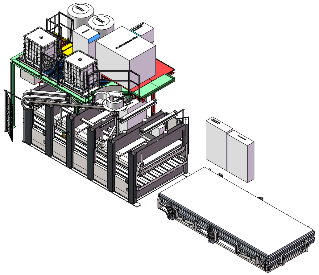 Isometrische Ansicht einer komplexen Industriemaschine, wahrscheinlich für die Fertigung, mit Tanks und Förderbändern.