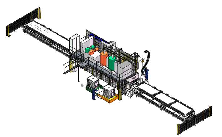 Isometrische Ansicht einer Industrieanlage mit Förderbändern, Maschinen, Lagerbehältern und einer Person, die die Steuerung bedient.