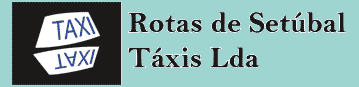 O logotipo para Rotas de Setúbal Táxis Lda mostra a palavra "TAXI" refletida em um quadrado preto próximo ao nome da empresa.