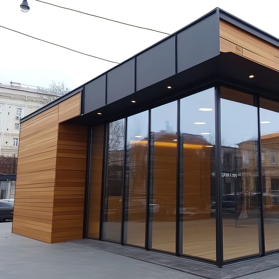 Bâtiment moderne avec bardage en bois et grandes baies vitrées. Finitions noires, luminaires et allée en béton.