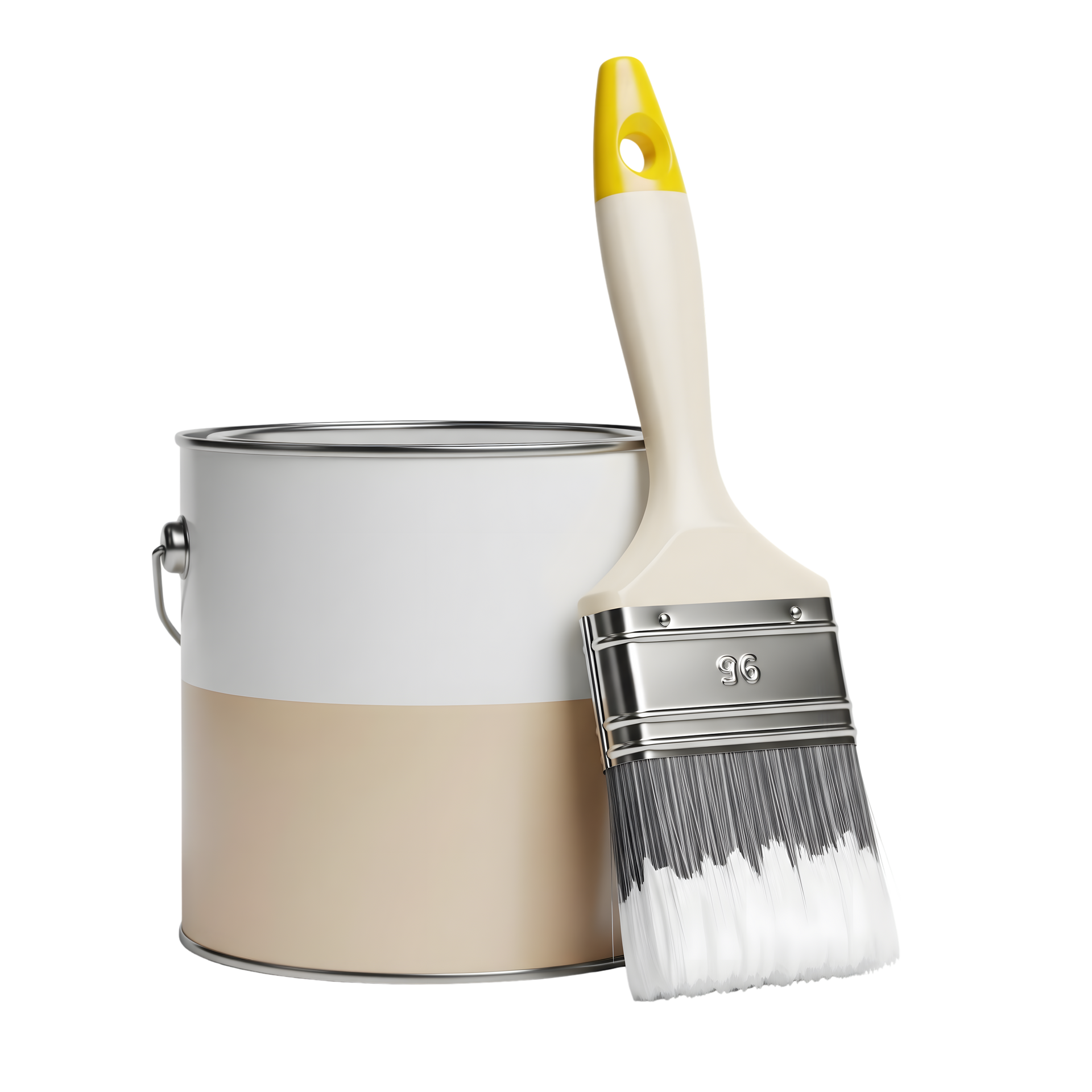 Pot de peinture et pinceau : pot de peinture beige à côté d’un pinceau à poils blancs.