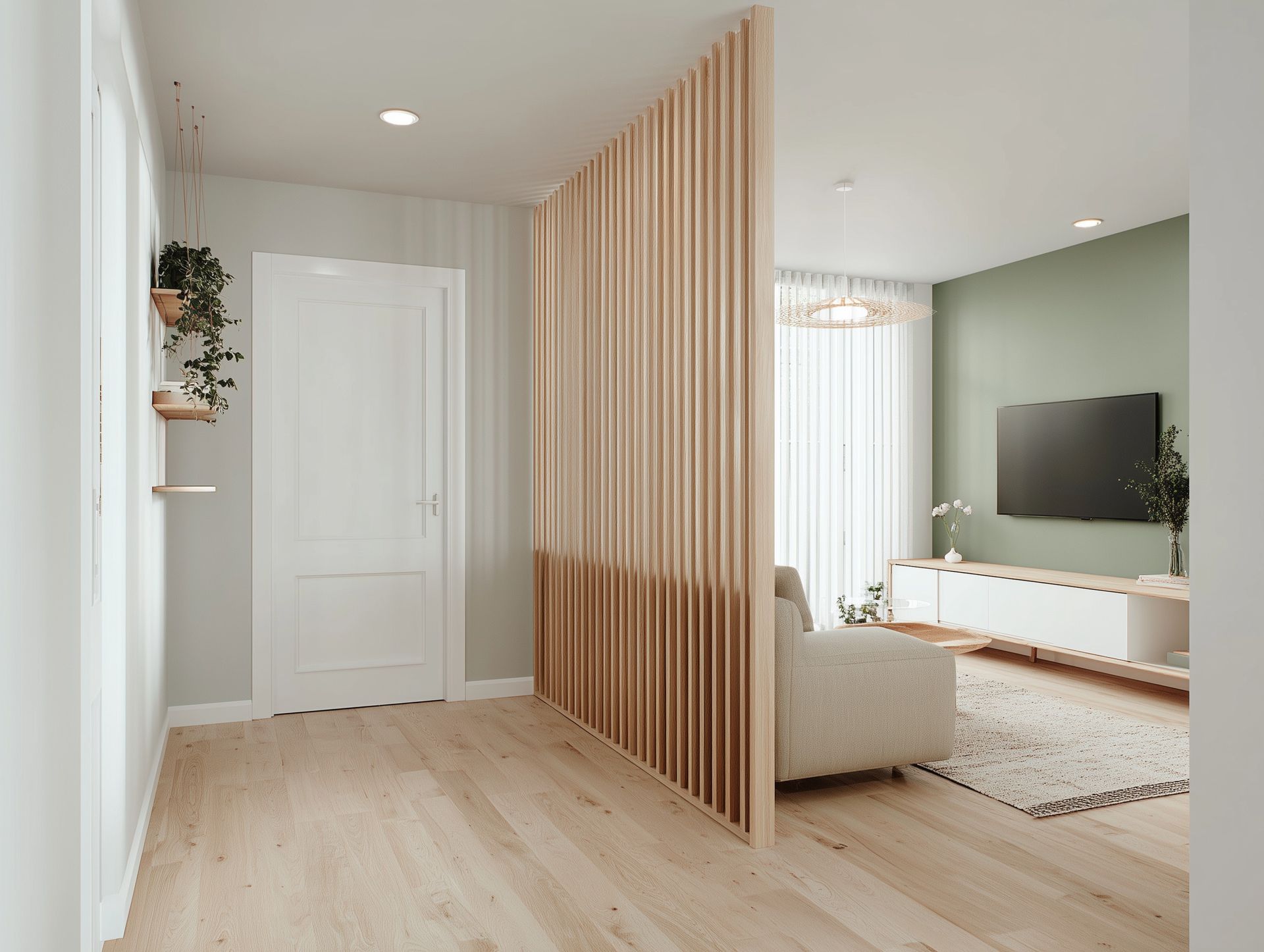 Intérieur avec cloison en lattes de bois séparant la pièce, menant à un espace de vie avec télévision et canapé.