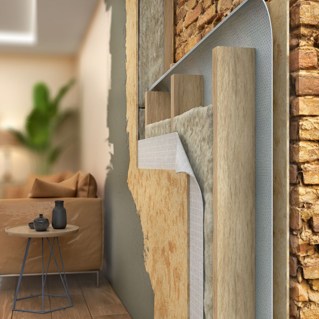 Vue en coupe de la construction du mur, montrant les couches d'isolation, l'ossature en bois et la brique.