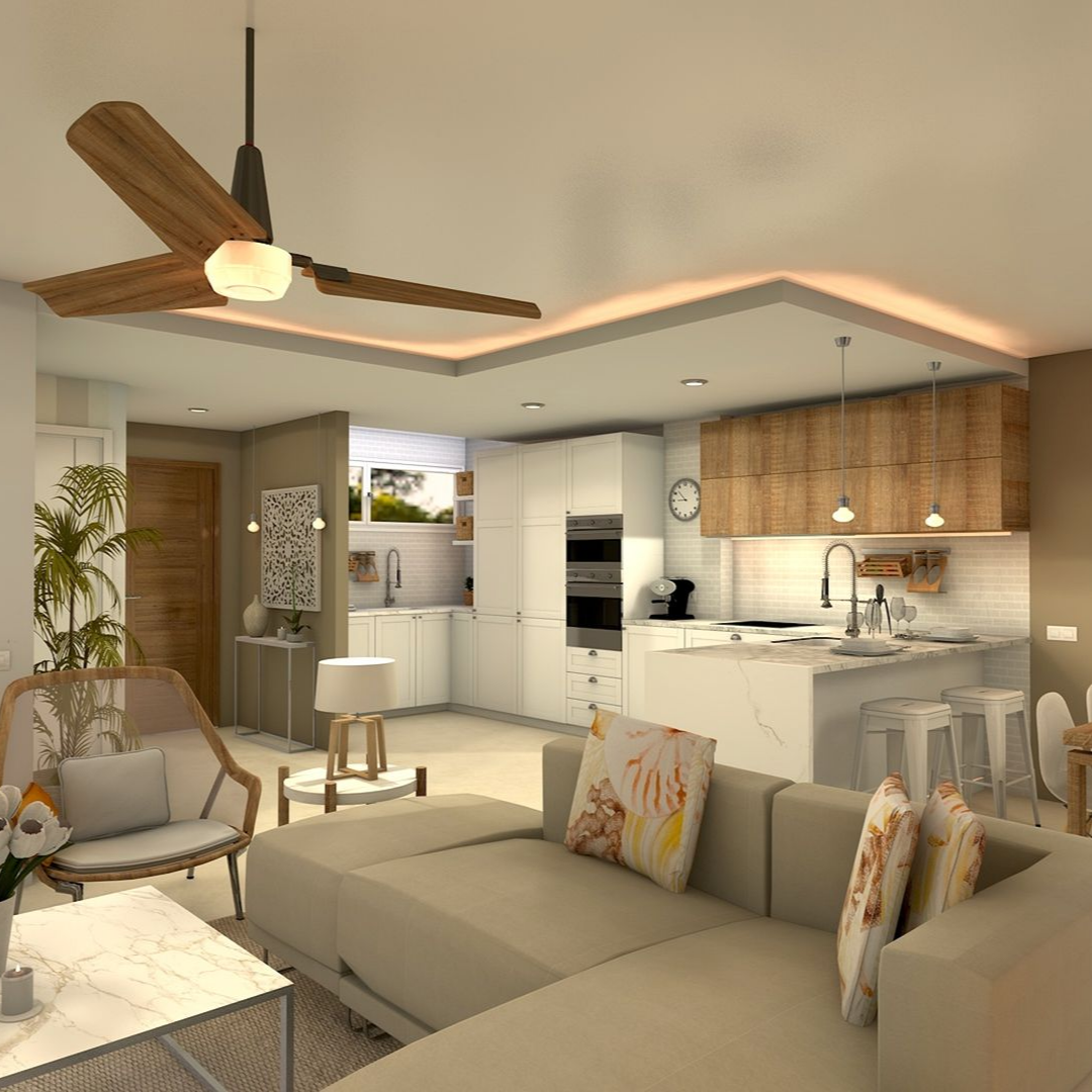 Espace de vie moderne et ouvert avec cuisine et coin salon ; couleurs neutres avec des touches de bois.