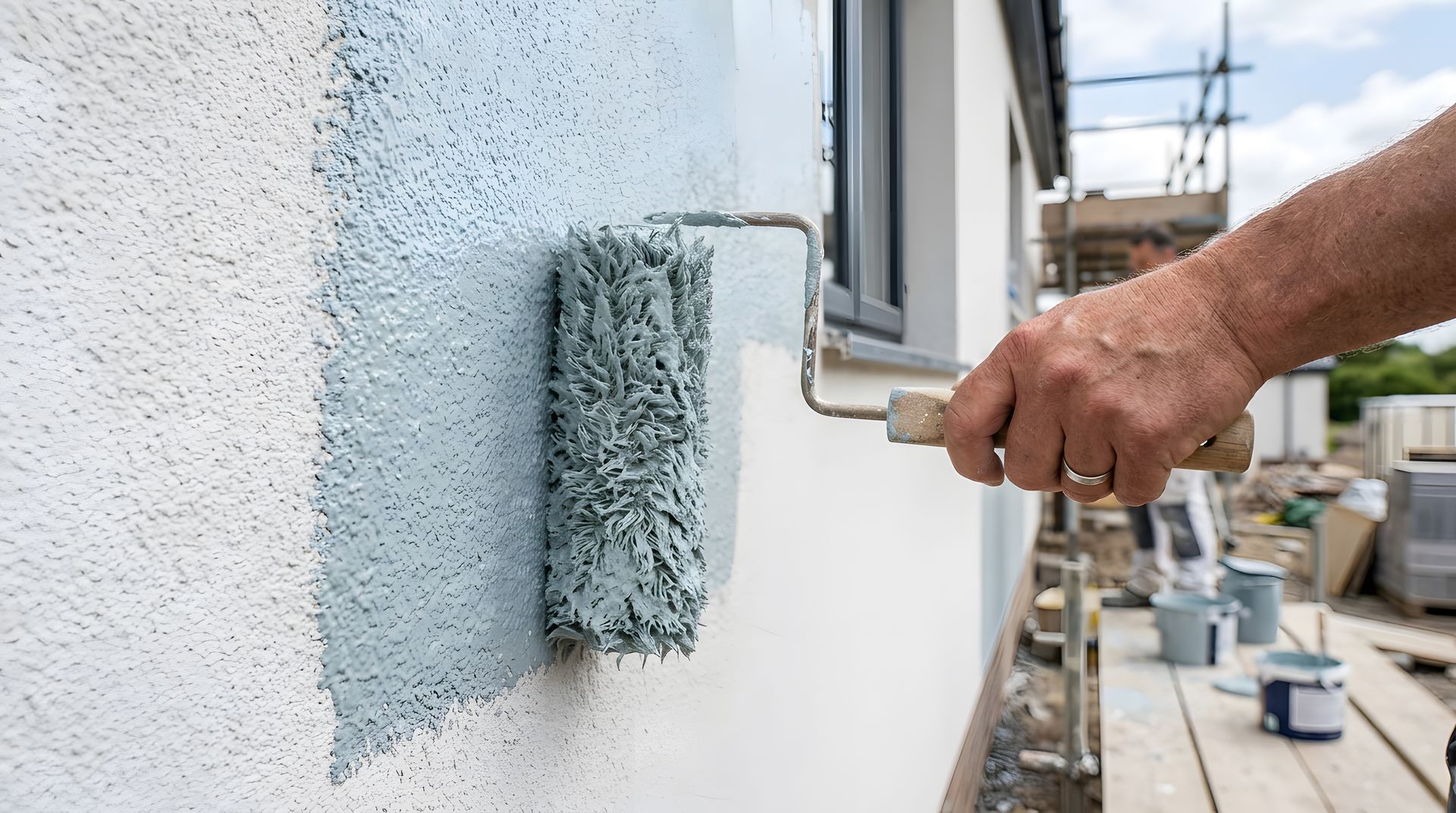 Un ouvrier applique de la peinture bleu clair sur un mur extérieur d'une maison.