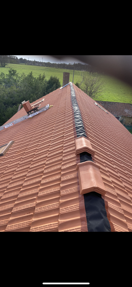 Toit en tuiles rouges et puits de lumière donnant sur des collines verdoyantes sous un ciel couvert.