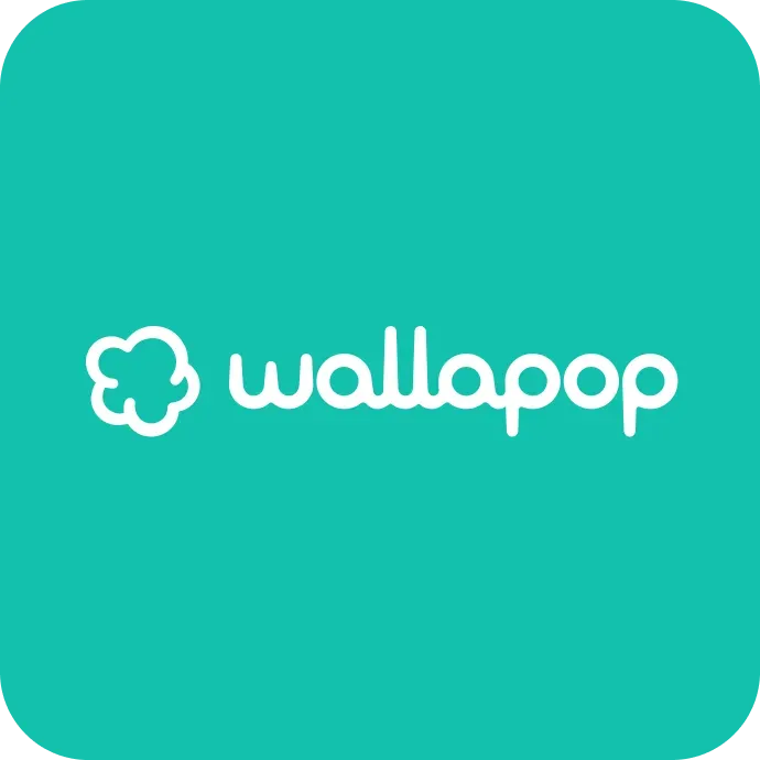 Logotipo de Wallapop sobre fondo turquesa con texto e icono blancos.