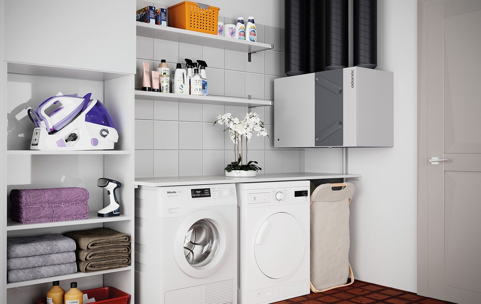 Buanderie avec lave-linge et sèche-linge blancs, étagères, placards et serviettes pliées dans un espace gris soigné