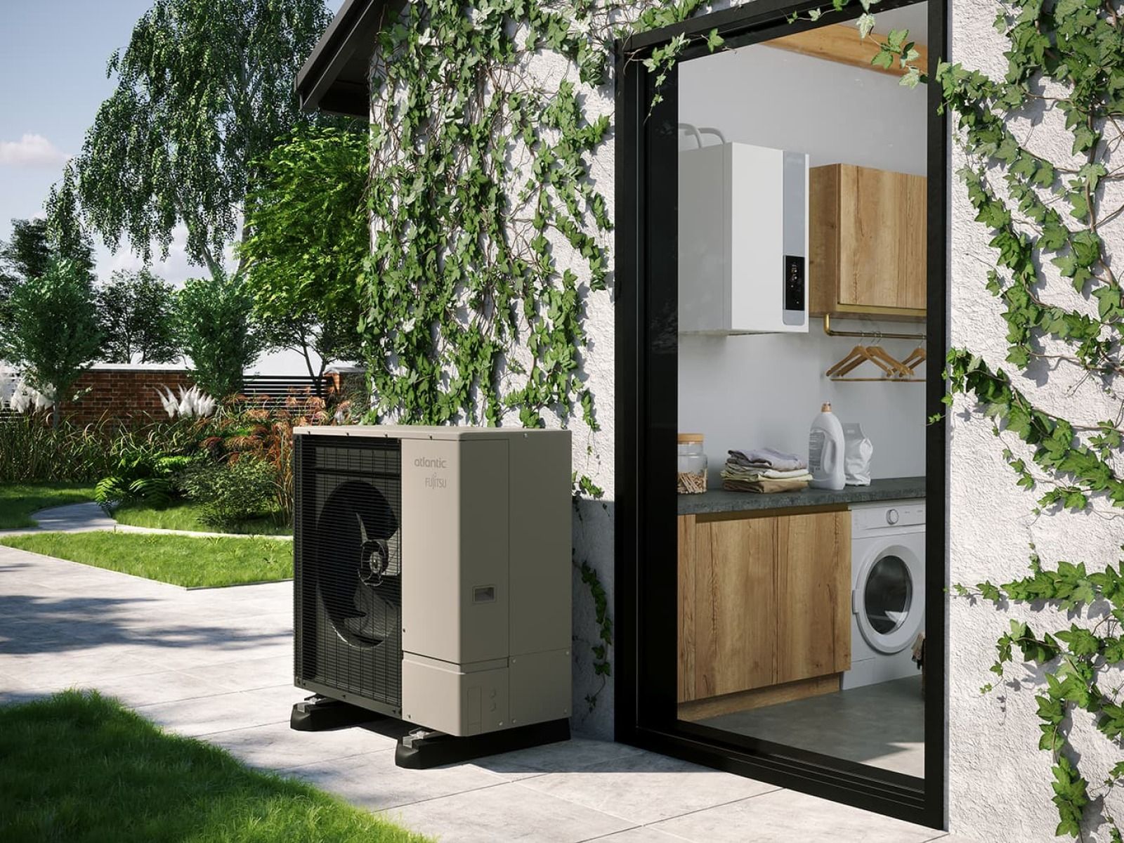 Pompe à chaleur extérieure à côté d'une minuscule maison aux parois de verre avec une cuisine compacte à l'intérieur