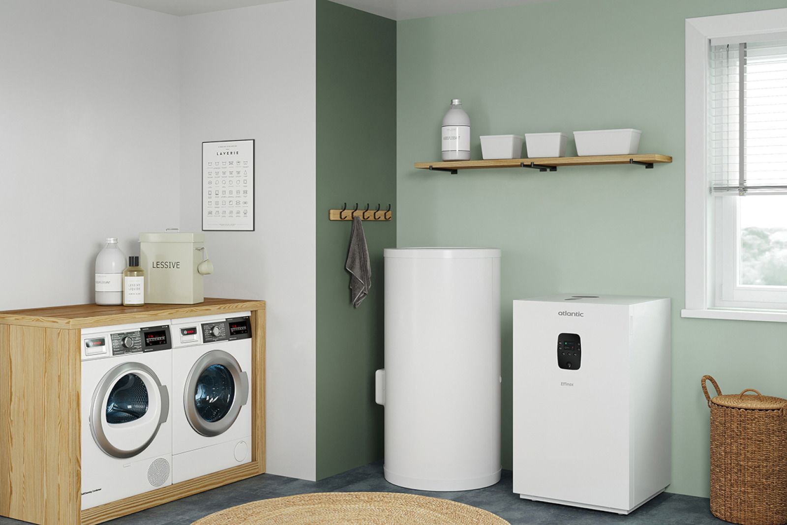 Buanderie avec lave-linge et sèche-linge, évier, placards de rangement blancs et étagères décoratives dans un espace vert menthe et gris