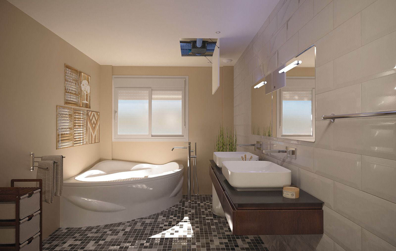 Salle de bains accessible avec baignoire à porte, douche à l'italienne et lavabo mural et trappe de ventilation