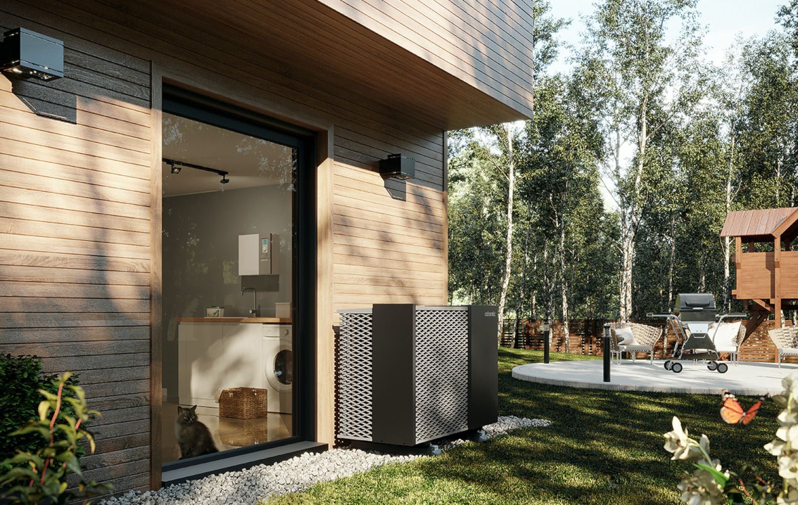 Terrasse moderne avec porte vitrée, climatiseur, pelouse et coin repas extérieur au milieu des arbres.