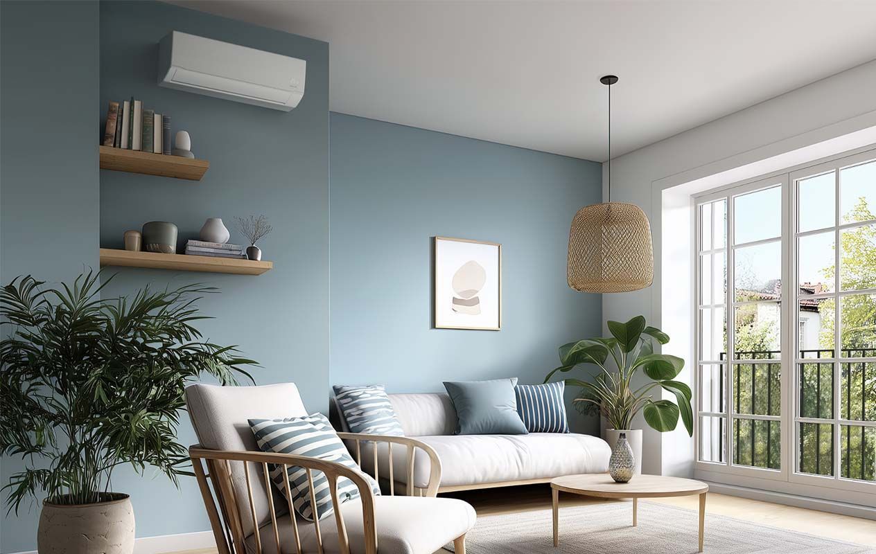 Salon lumineux avec murs bleus, canapé blanc, fauteuil en osier, plantes et portes coulissantes en verre donnant sur un balcon.