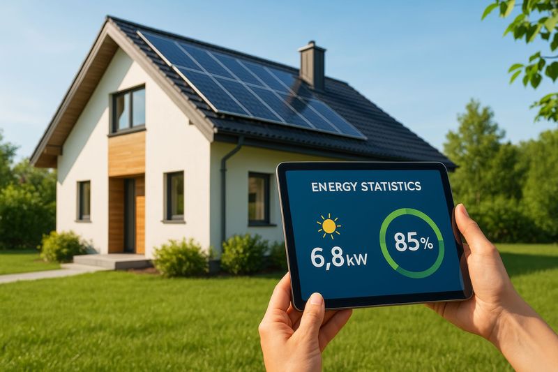 Des mains tiennent une tablette affichant des statistiques sur l'énergie solaire devant une maison équipée de panneaux solaires sur le toit.