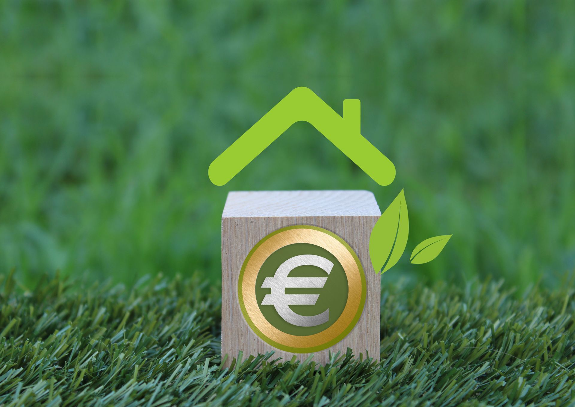Icône de serre au-dessus d'un petit bloc de bois avec le symbole de l'euro sur de l'herbe