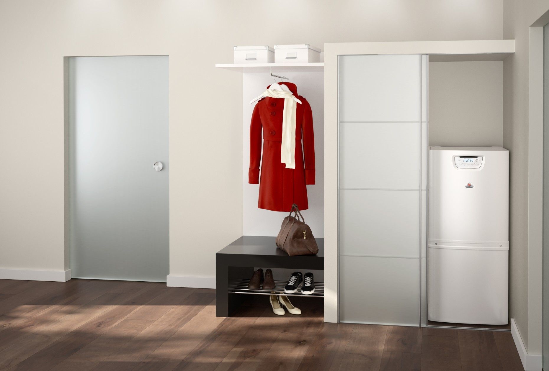 Entrée minimaliste avec une porte grise, un porte-manteau avec une veste rouge, un banc et une armoire blanche à côté d'un lave-linge/sèche-linge.