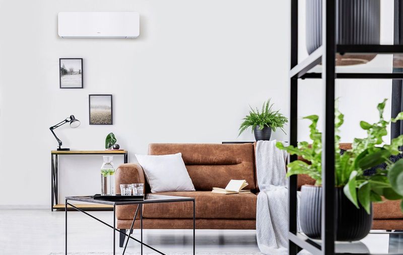 Salon moderne avec un canapé marron, une table d'appoint noire, des tableaux et des plantes en pot.
