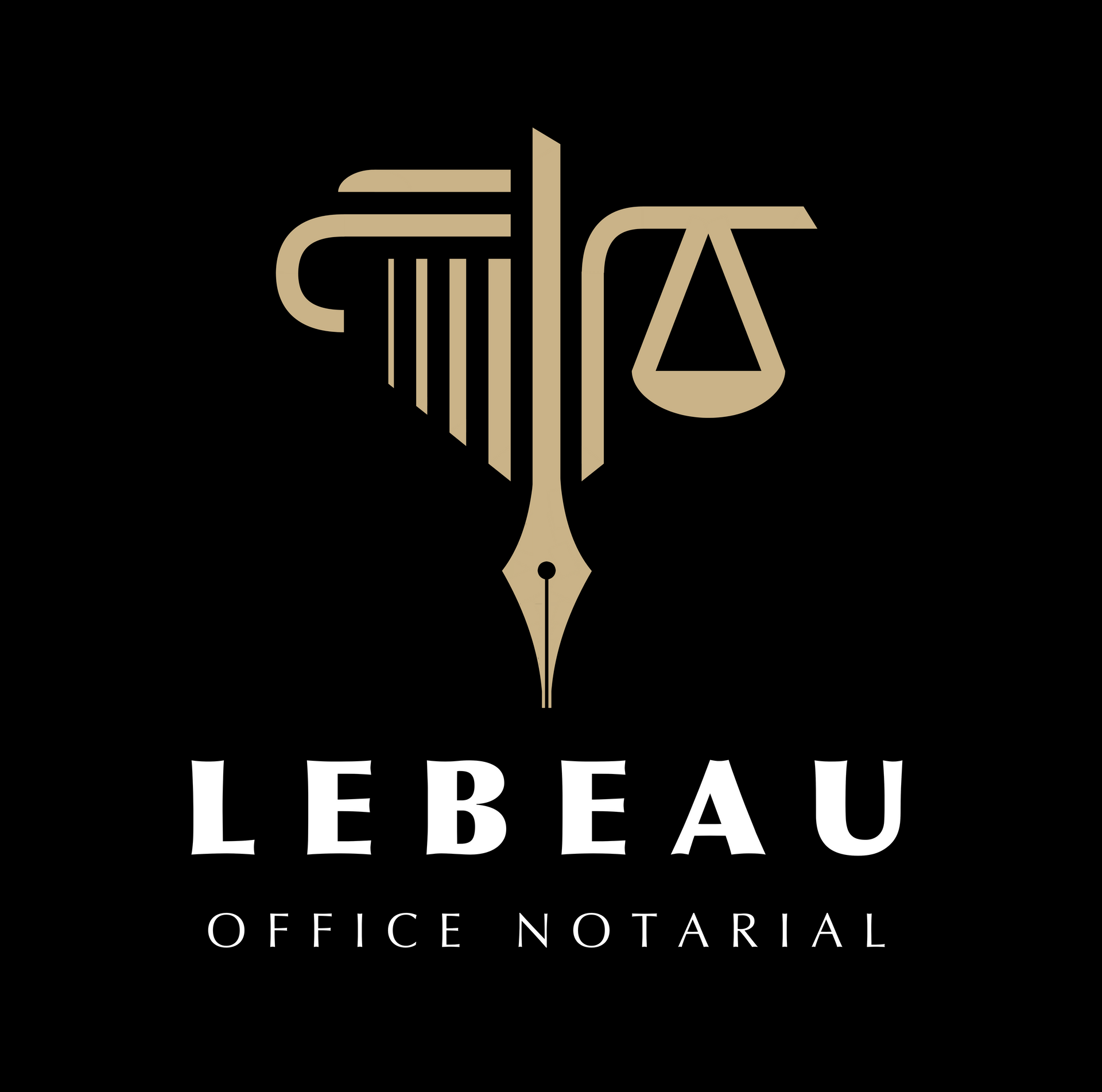 Logo noir et or pour LeBeau Office Notarial représentant une plume, une balance de la justice et une colonne stylisée.