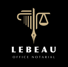 Logo noir et or pour LeBeau Office Notarial représentant une plume, une balance de la justice et une colonne stylisée.