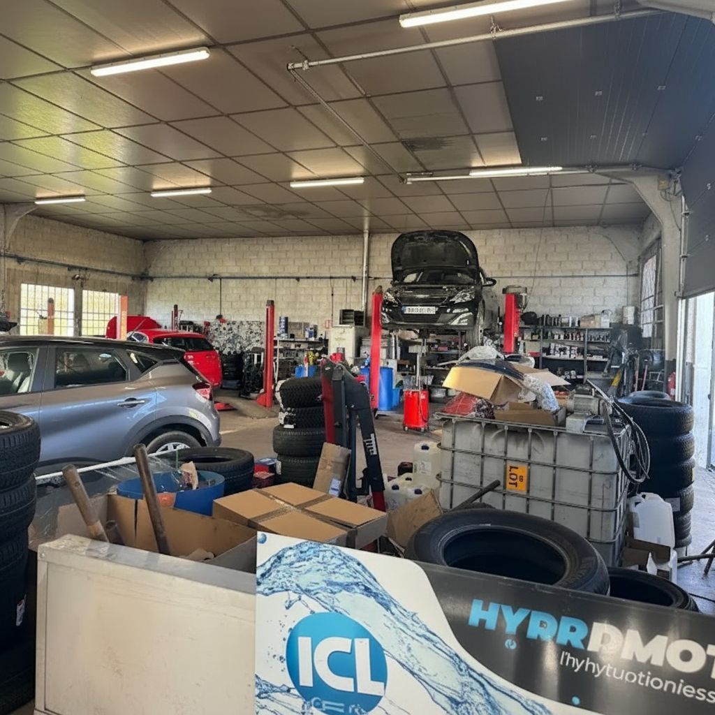 Intérieur d'un atelier de réparation automobile montrant deux voitures, dont une sur un pont élévateur, avec des piles de pneus et divers produits d'entretien.