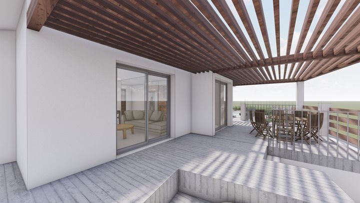 Una representación 3D de un balcón con pérgola y una mesa y sillas.