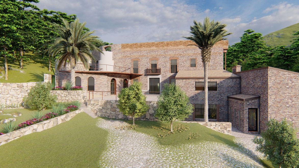 Impresión artística de una casa de piedra con una palmera delante de ella.