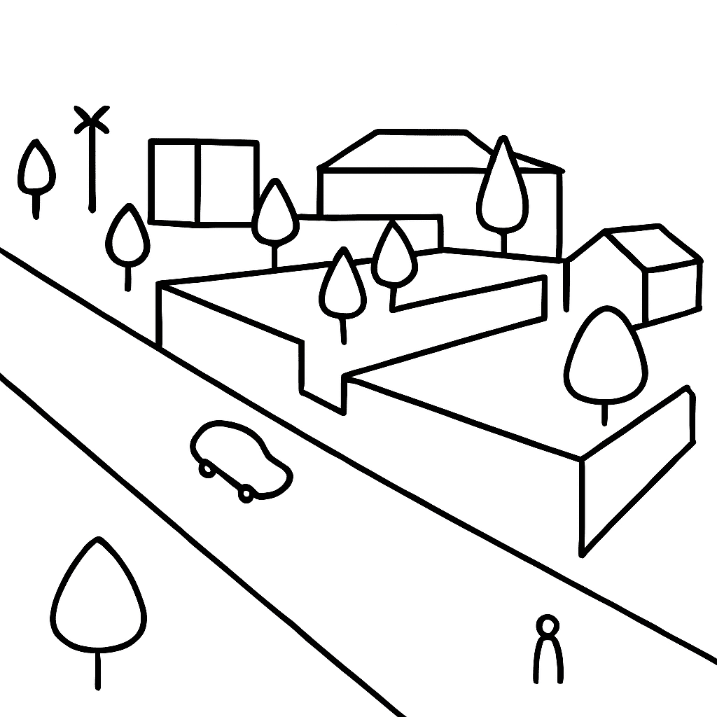 Un dibujo en blanco y negro de una ciudad con casas, árboles y una carretera.