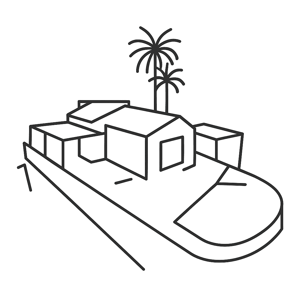 Un dibujo lineal de una casa en una pequeña isla con palmeras.