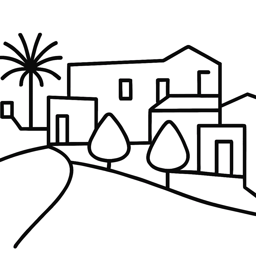 Un dibujo en blanco y negro de una casa con una palmera al fondo.