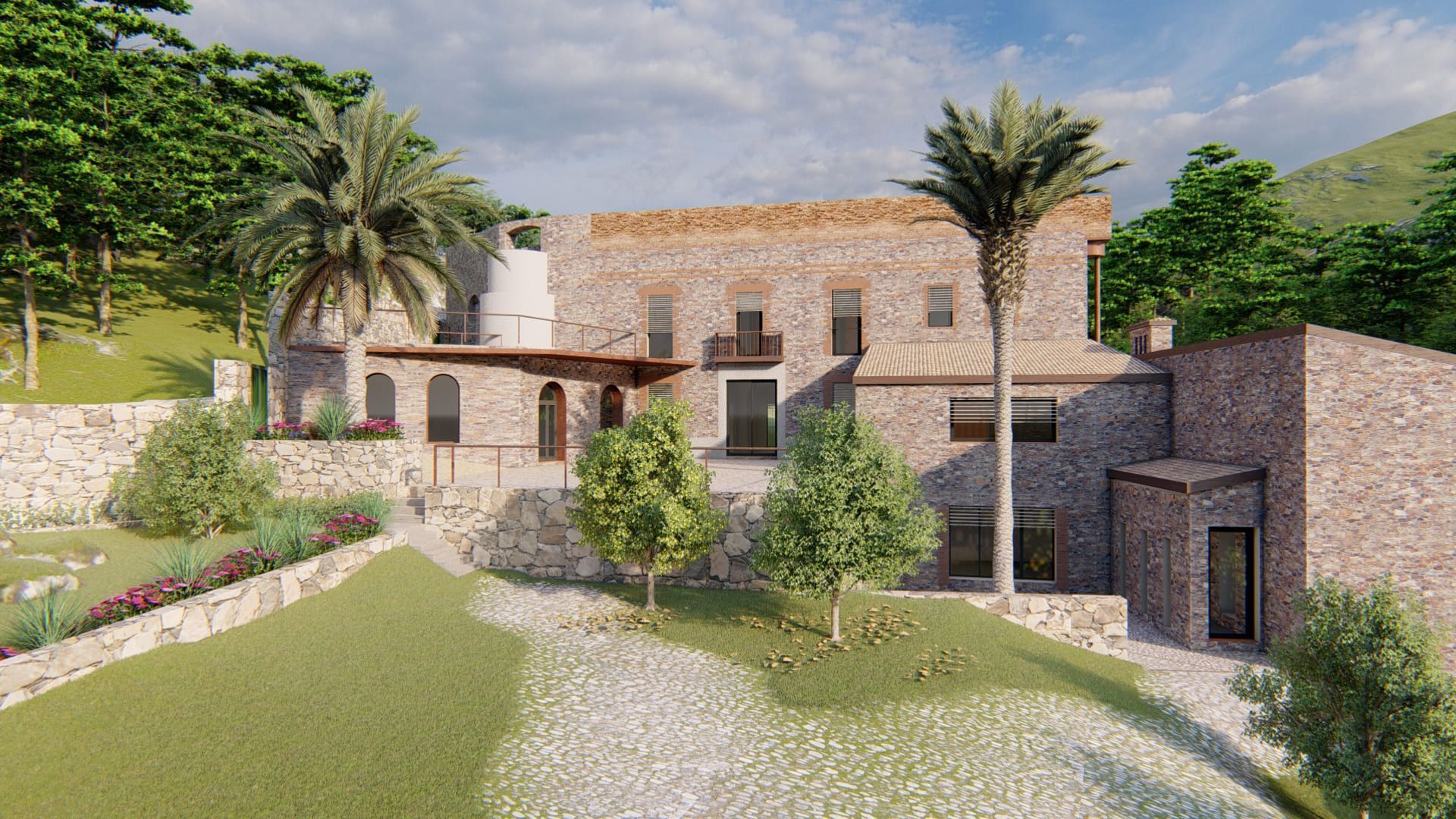 Impresión artística de una casa de piedra con una palmera delante de ella.