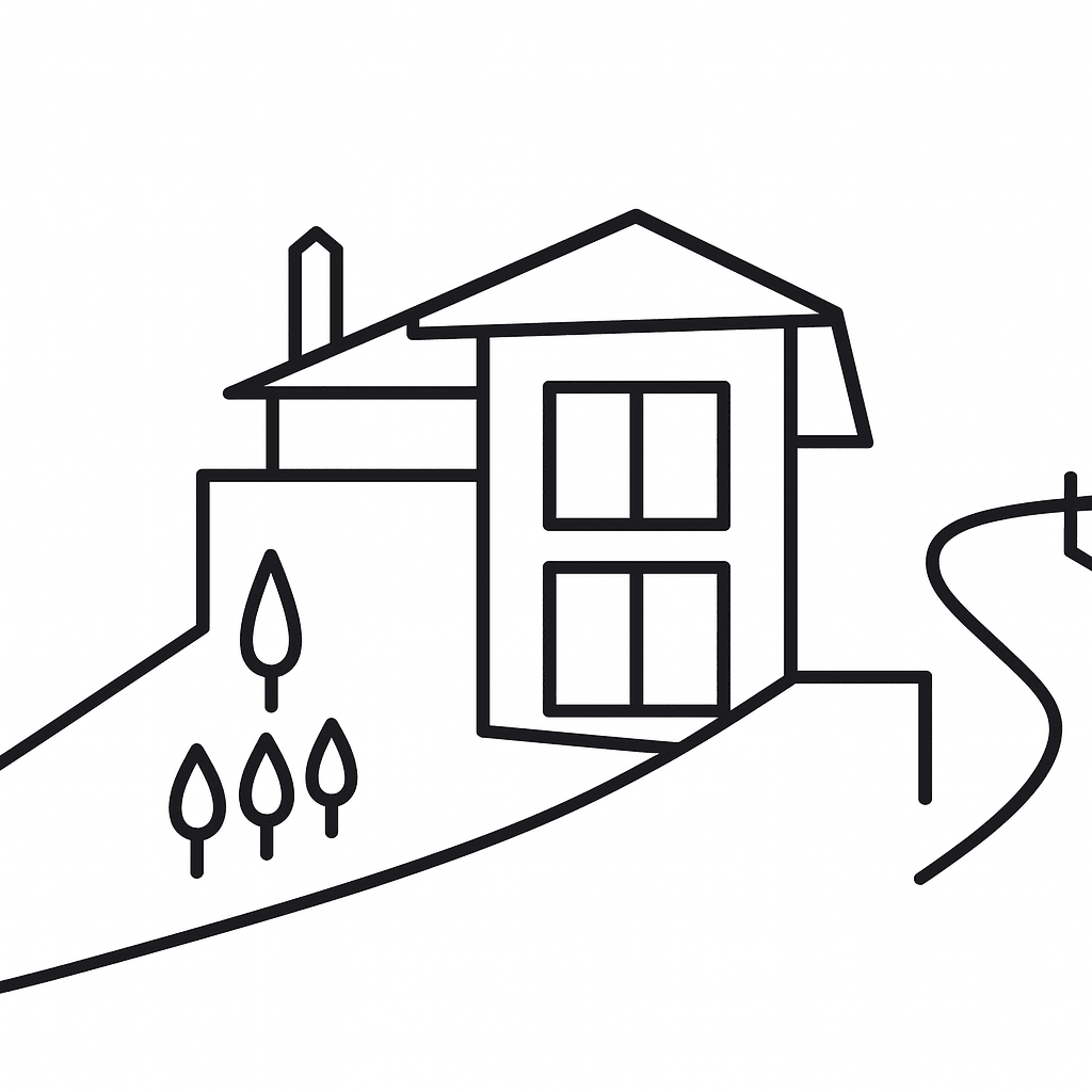Un dibujo en blanco y negro de una casa en la cima de una colina.