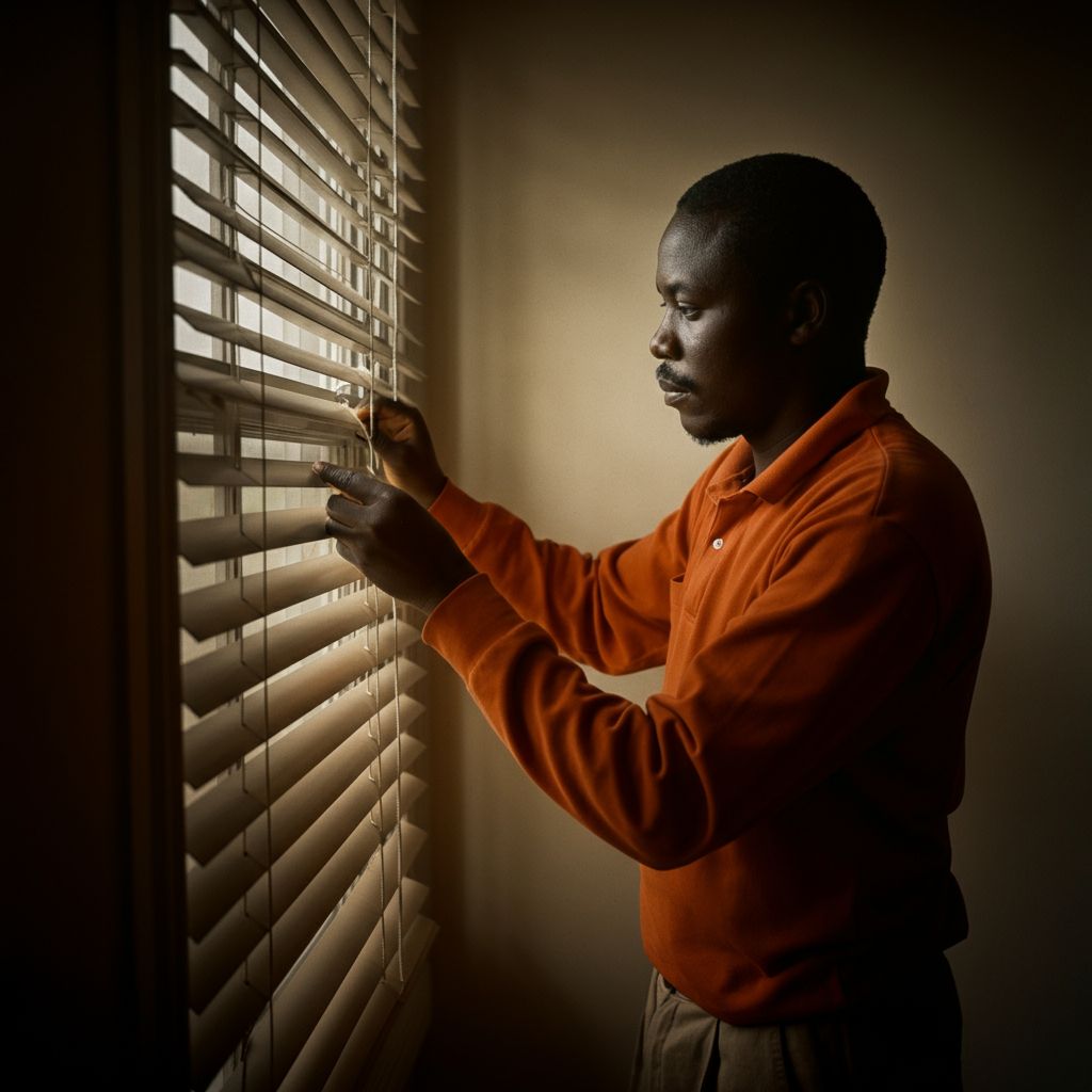 Um homem de camisa laranja está abrindo as persianas de uma janela