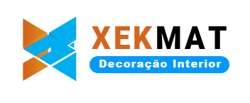 Logotipo com formas abstratas em azul e laranja, texto "XEKMAT" e "Decoração Interior" em uma caixa azul.