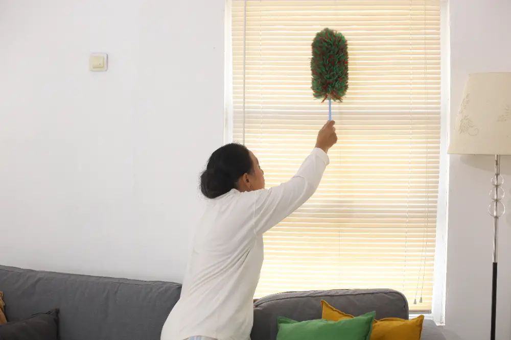 A woman is cleaning a window with a duster in a living room.